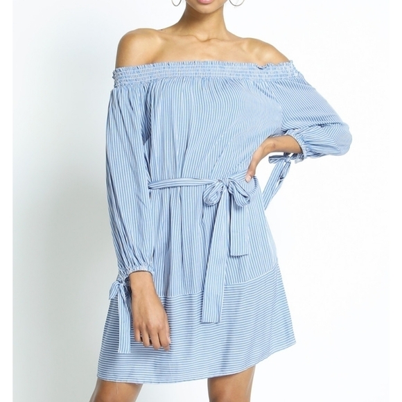 Rayon STRIPE OFF SHOULDER TIE WAIST DRESS Sans Souci blue white lightweight NWT! - Picture 1 of 7